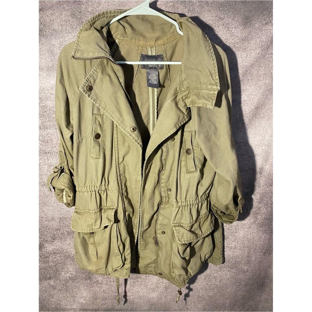 Matty M Olive Green Utility Jacket Womens Size Small Full Zip Snap Anorak Cotton